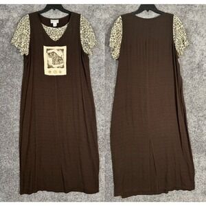 Vtg 90s Safari Animal Print Maxi Dress Womens 14 Gauzy Leopard‎ Artsy Grandma